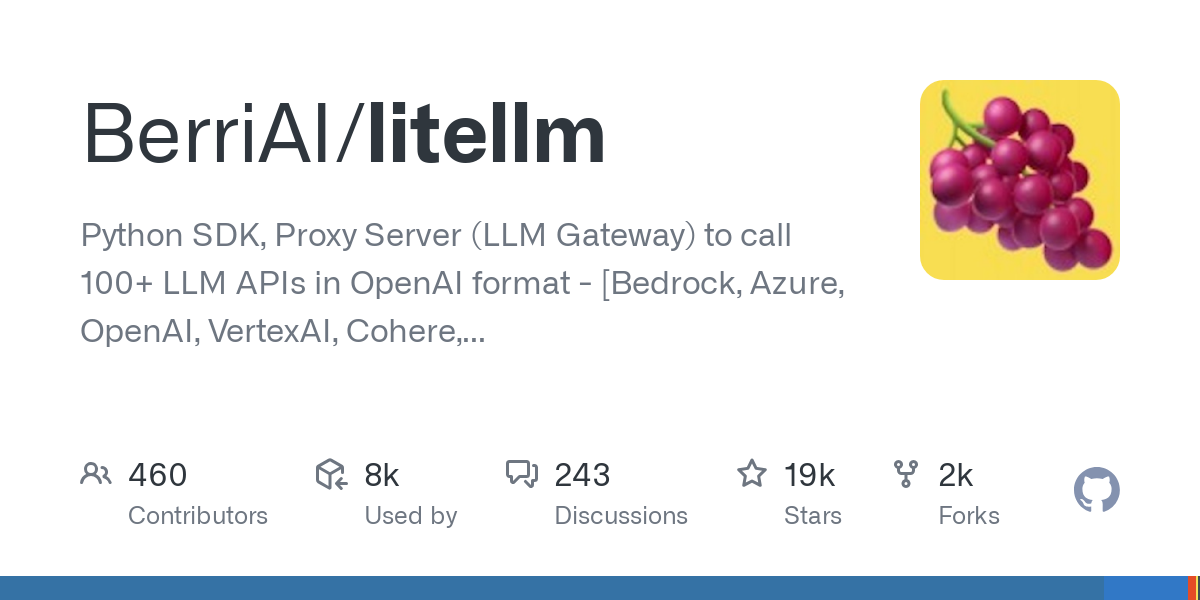 GitHub - BerriAI/litellm: Python SDK, Proxy Server (LLM Gateway) to call 100+ LLM APIs in OpenAI format - [Bedrock, Azure, OpenAI, VertexAI, Cohere, Anthropic, Sagemaker, HuggingFace, Replicate, Groq]